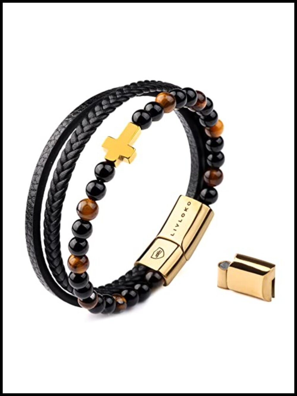 Men's Leather Bracelet Stone Beads Magnetic Clasp Cross Adjustable